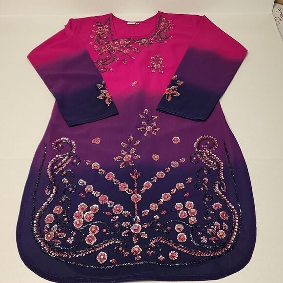 SHAAN Tunic/Dress‎ Style Top Beautiful Beading,Side Slits, Ombre Fade - Picture 9 of 10